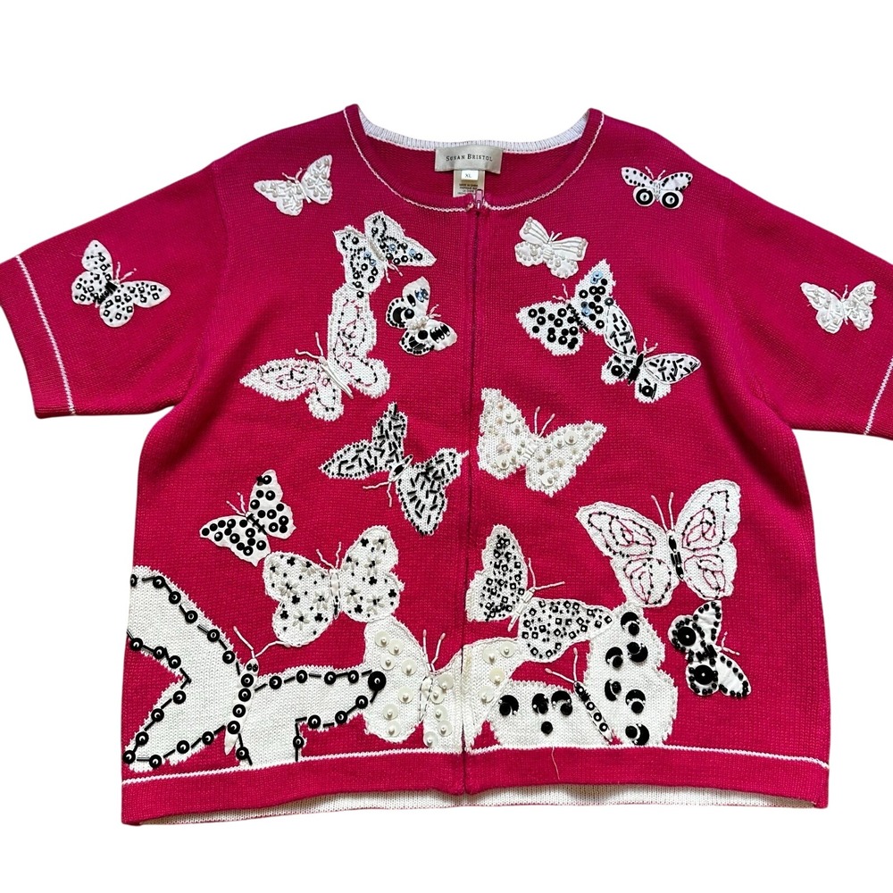 Susan Bristol Cardigan Women Pink Butterfly Beaded Sequin Zip Sweater SIZE XL